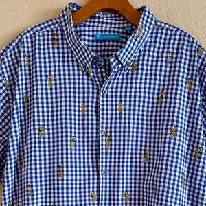 Tori Richard Shirt Blue Gingham Check Hawaiian Embroidered Hula Girls Men’s 2XL